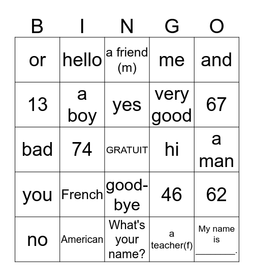 French 1; Lesson 1A-2A Bingo Card