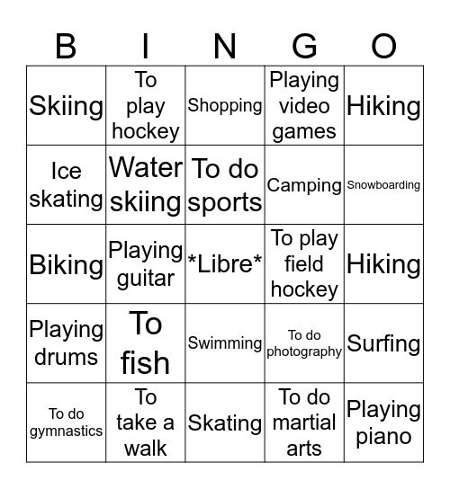 Les Activités/Les passe-temps Bingo Card