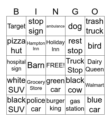 On the Road Again Bingo Card