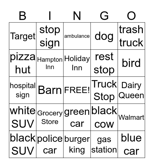 On the Road Again Bingo Card