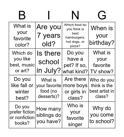 Asking and Answering Questions  Bingo Card