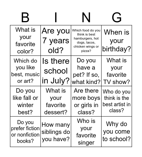 Asking and Answering Questions  Bingo Card