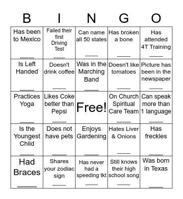 Unity on Greenville - Banquet Icebreaker Bingo Card