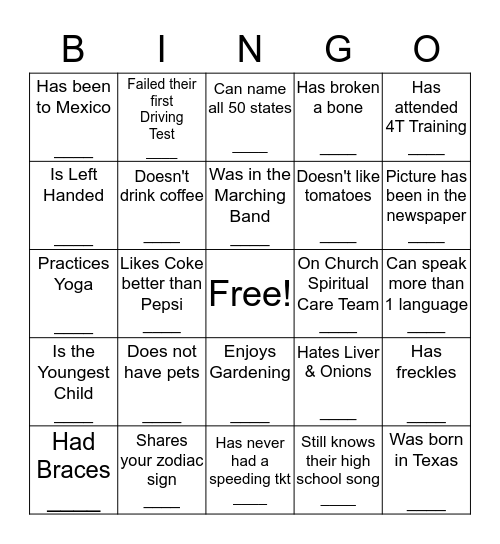 Unity on Greenville - Banquet Icebreaker Bingo Card