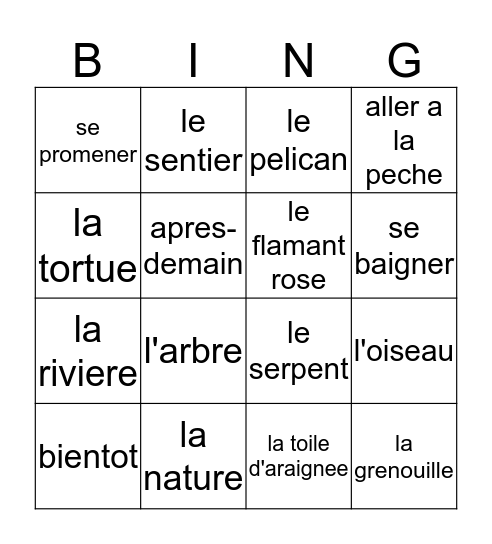 Francais 3/4 - Chapitre 7, Vocabulaire 2 Bingo Card