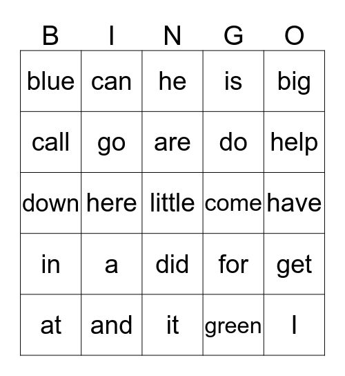 Pre-Primer-List 1 Bingo Card