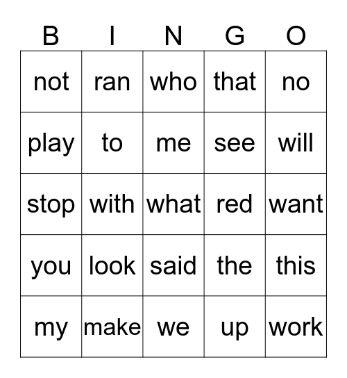 Dolch List Pre-Primer List 1 second half Bingo Card