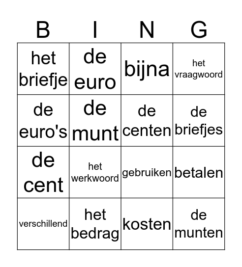 De euro Bingo Card