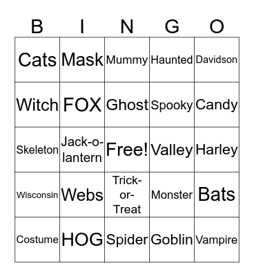 FVWI HOG Halloween Bingo Card