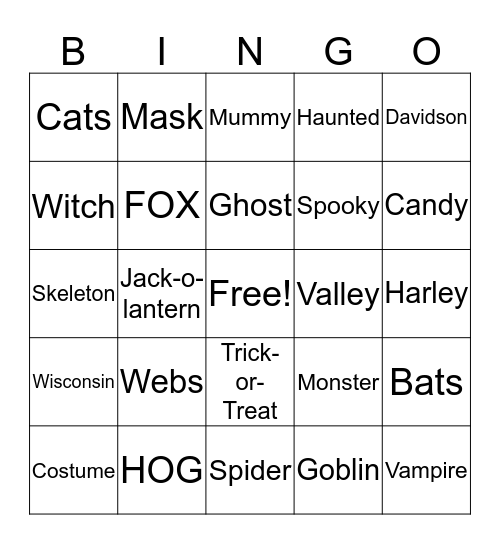 FVWI HOG Halloween Bingo Card