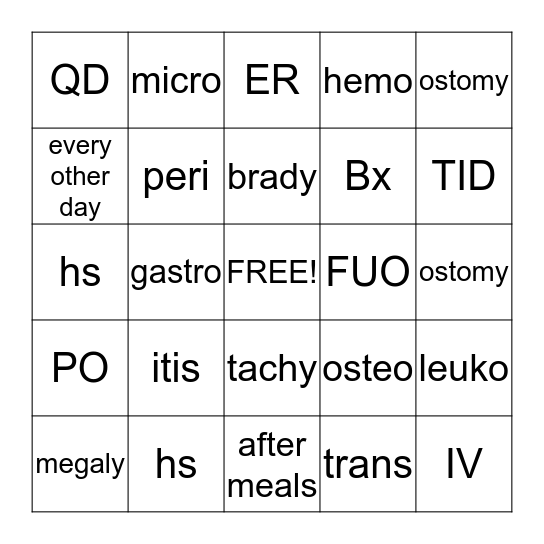 Medical Terminology Bingo Card