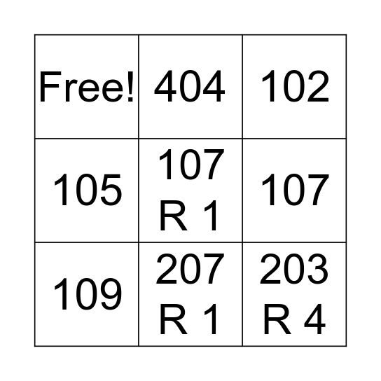 Quotients with Zeros Bingo Card