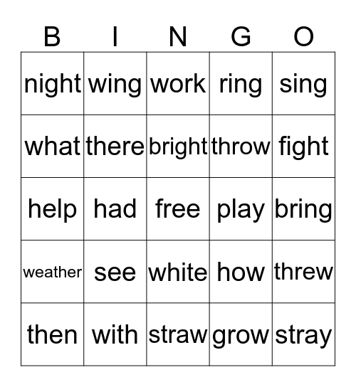 Sight Words Bingo Card