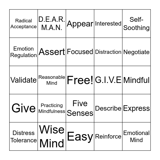 DBT Bingo Card