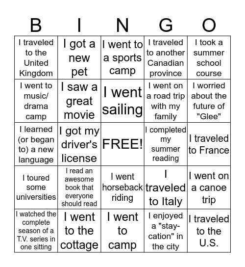 My summer vacation Bingo Card