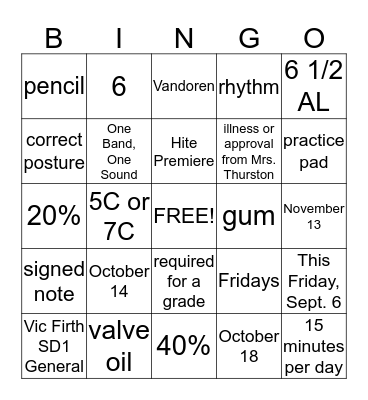 Band Handbook Bingo Card
