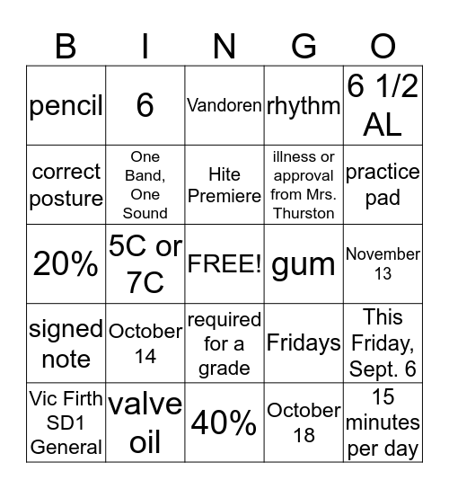 Band Handbook Bingo Card