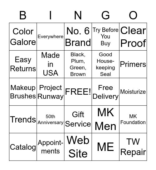 Mary Kay Bingo Card