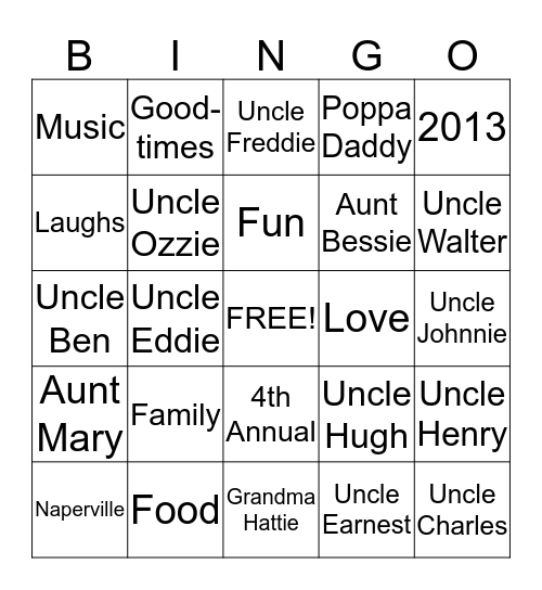 Lockett/Taylor 2013 Family Reunion Bingo Card
