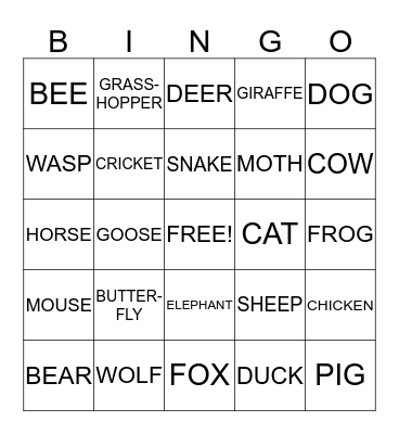 ANIMAL Bingo Card