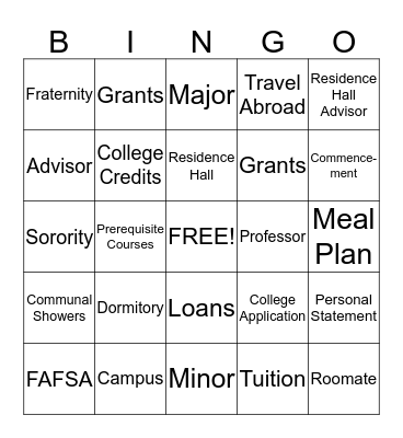 College Bingo Card