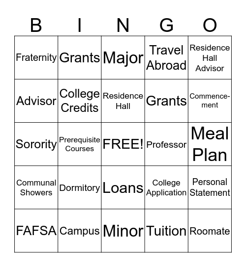 College Bingo Card