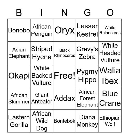 Endangered Species of Africa Bingo Card