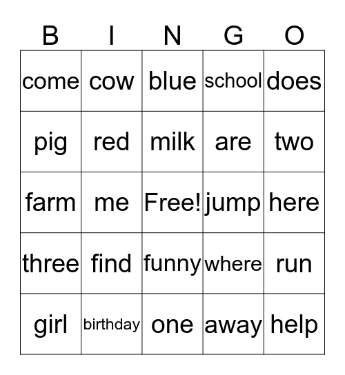 Kindergarden HF 2nd 9 wks Bingo Card