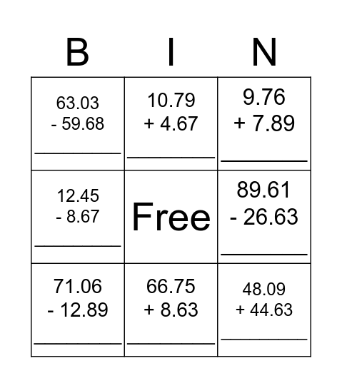 Add and Subtract Decimals Bingo Card