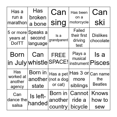 Service Management Get to Know You BINGO Card