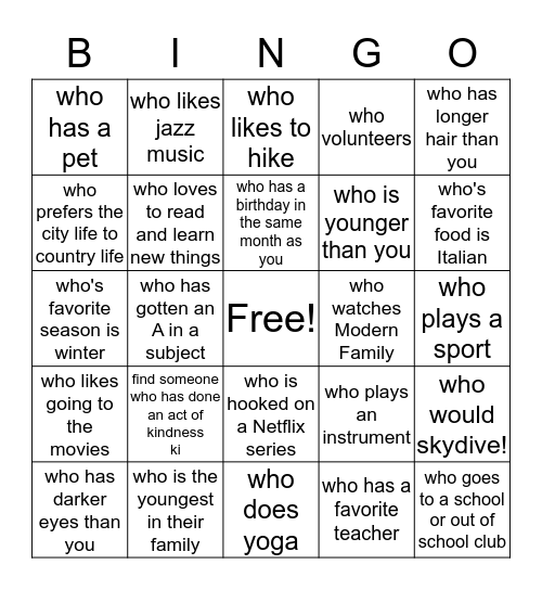 Social Connections Bingo Card