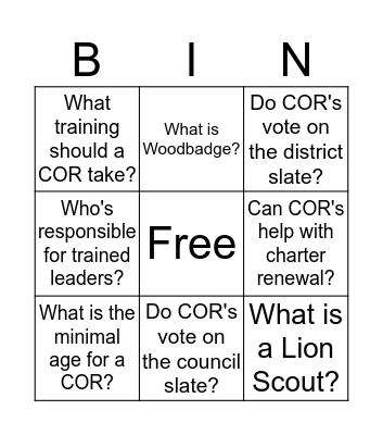 COR Bingo Card