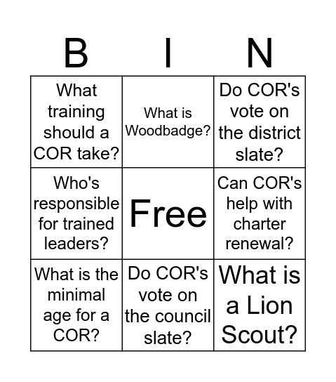 COR Bingo Card