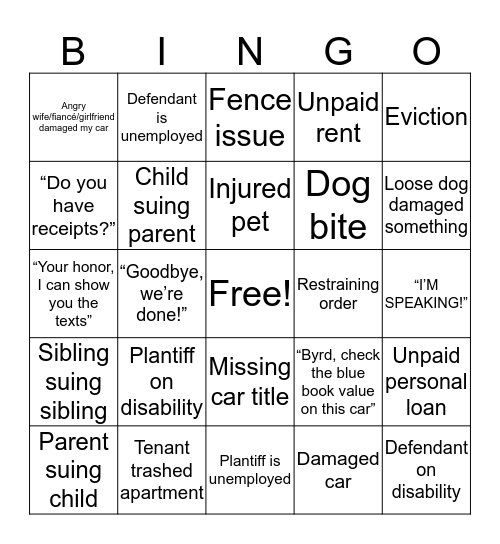 Judge Judy Bingo Card