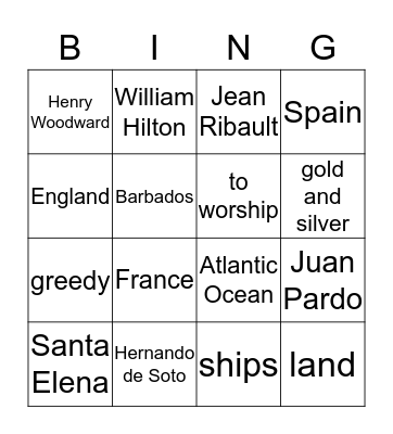 South Carolina Explorers Bingo Card
