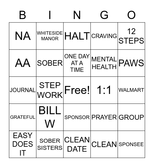 RECOVERY BINGO Card