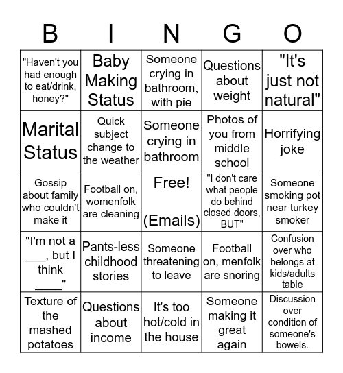 Surviving Family Holiday Meals, 2017 Edition Bingo Card