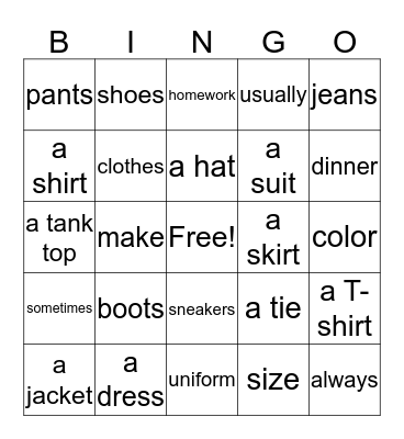 Clothes Bingo Unit 10  Bingo Card