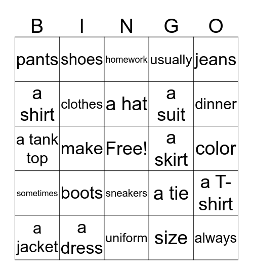 Clothes Bingo Unit 10  Bingo Card