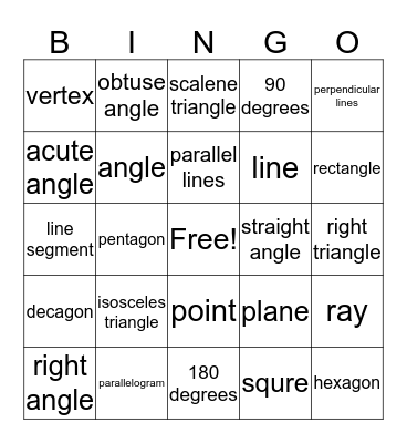 Geometry Bingo Card