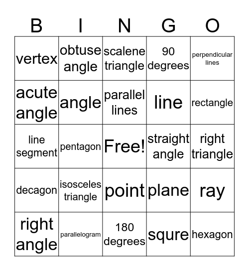 Geometry Bingo Card