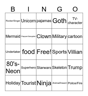 Costume Bingo Card