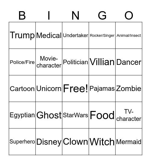 Costume Bingo Card