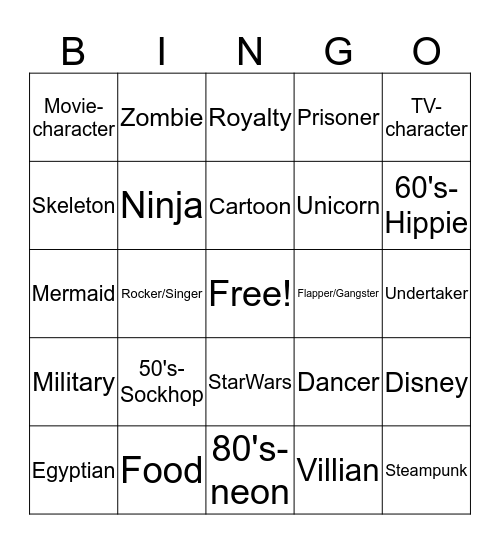 Costume Bingo Card