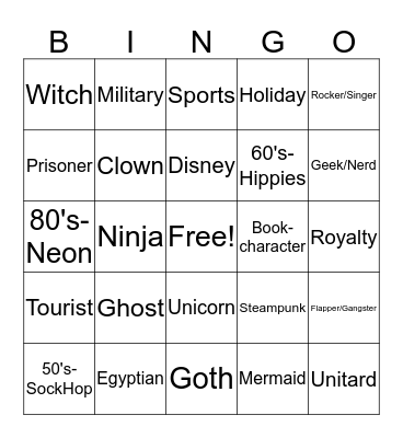 Costume Bingo Card