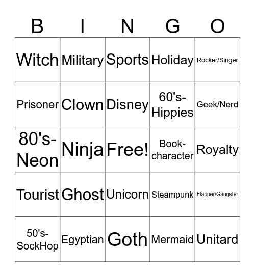 Costume Bingo Card
