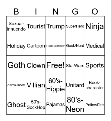 Costume Bingo Card