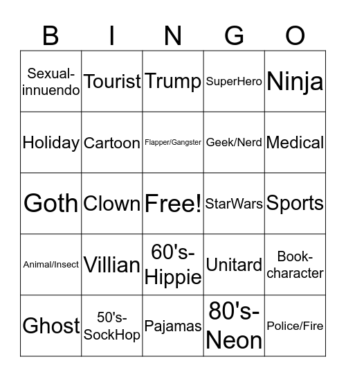 Costume Bingo Card