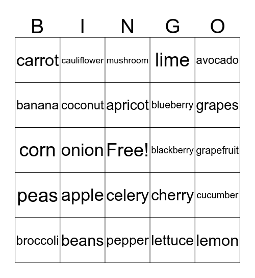 frutas y vegetales Bingo Card