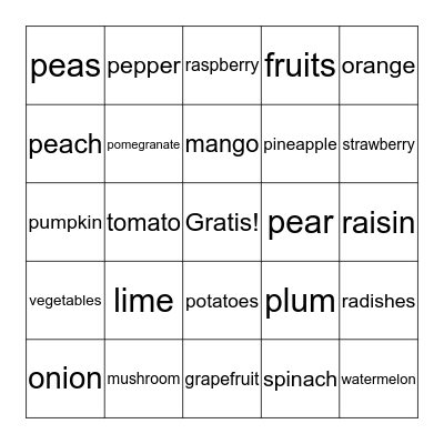 frutas y vegetales Bingo Card